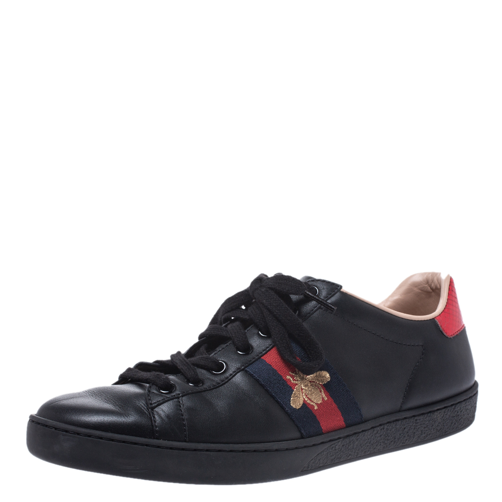 Gucci Black Leather Ace Web Bee Low Top Lace Up Sneakers Size 38.5