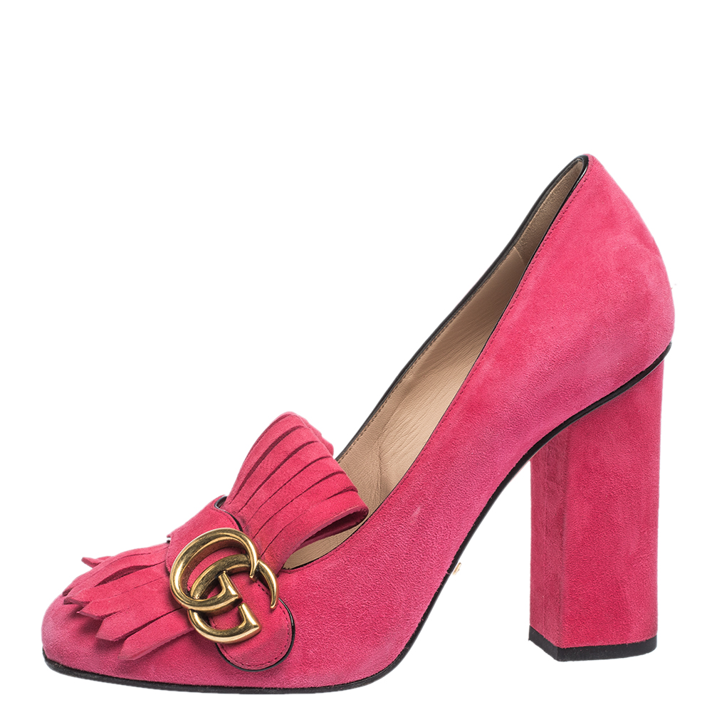 

Gucci Pink Suede Leather GG Marmont Fringe Detail Block Heel Pumps Size