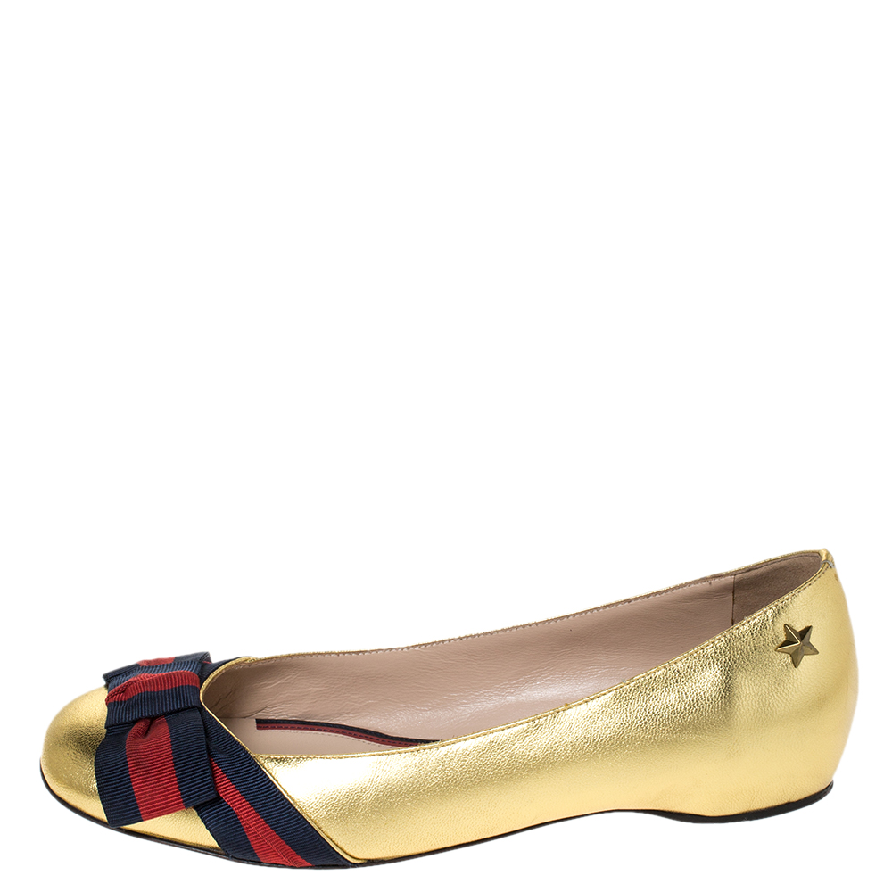 

Gucci Metallic Gold Leather Web Bow Ballet Flats Size