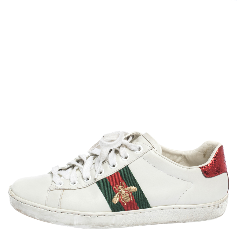

Gucci White Leather Ace Embroidered Bee Low Top Sneakers Size