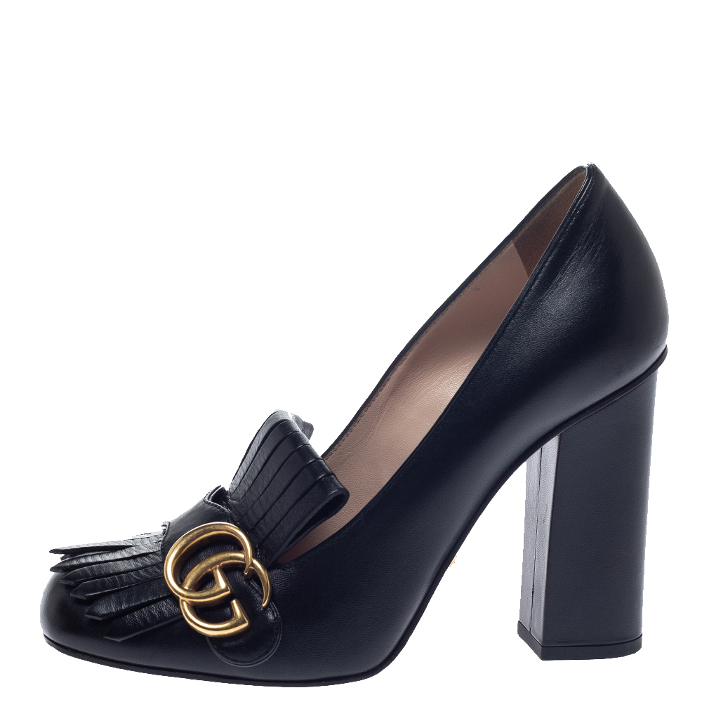 

Gucci Black Leather GG Marmont Fringe Detail Block Heel Pumps Size