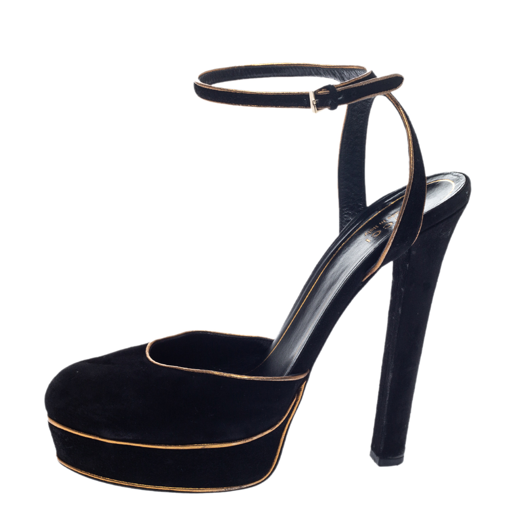 

Gucci Black Suede Leather Huston Platform Ankle Strap Sandals Size