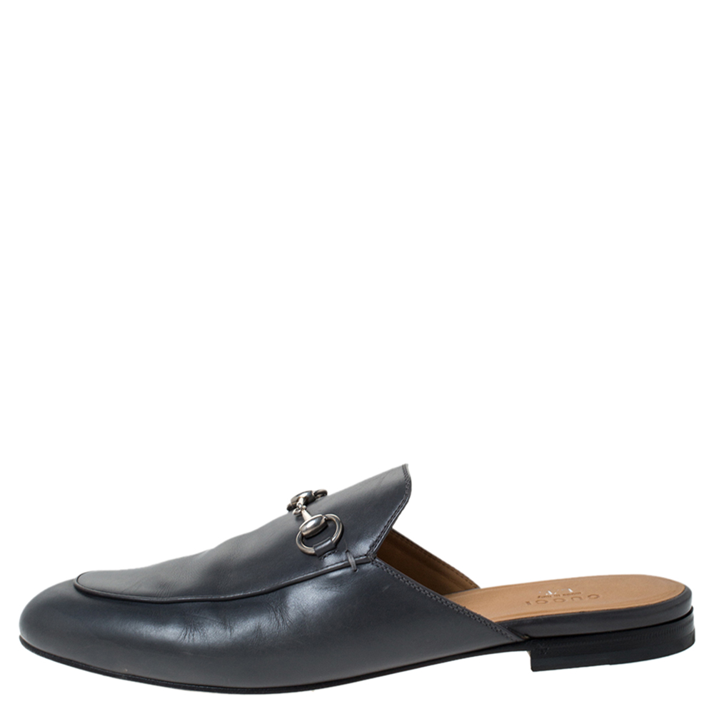 

Gucci Grey Leather Princetown Horsebit Mules Size