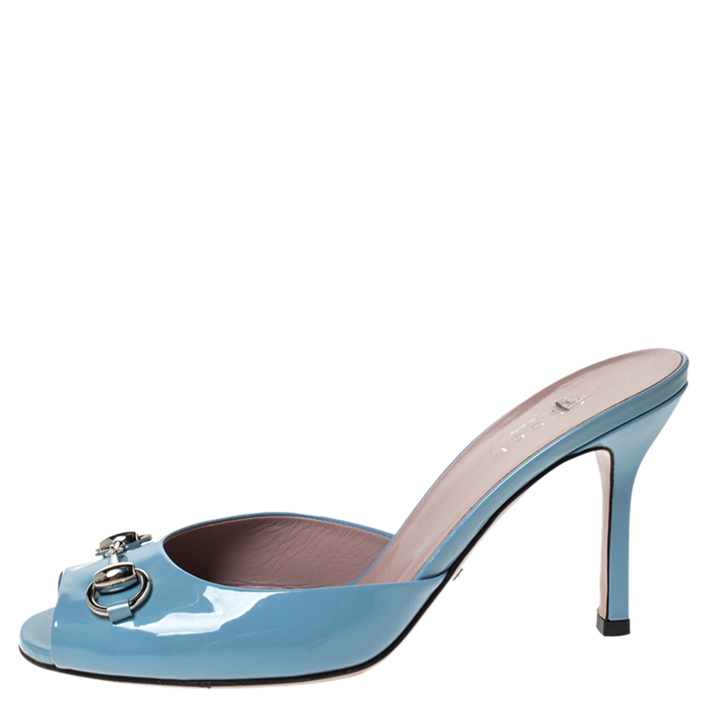 

Gucci Blue Patent Leather Horsebit Open Toe Sandals Size