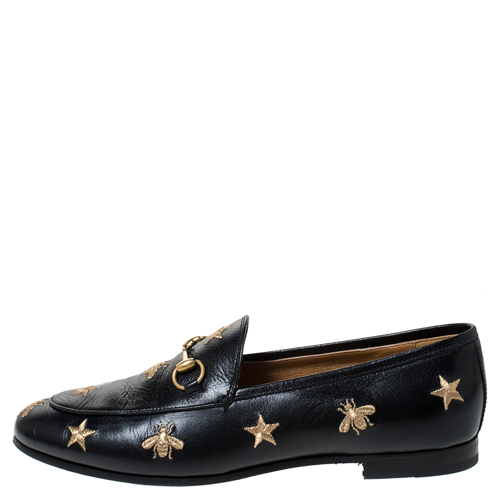 

Gucci Black Leather Jordaan Embroidered Bee Horsebit Slip On Loafers Size
