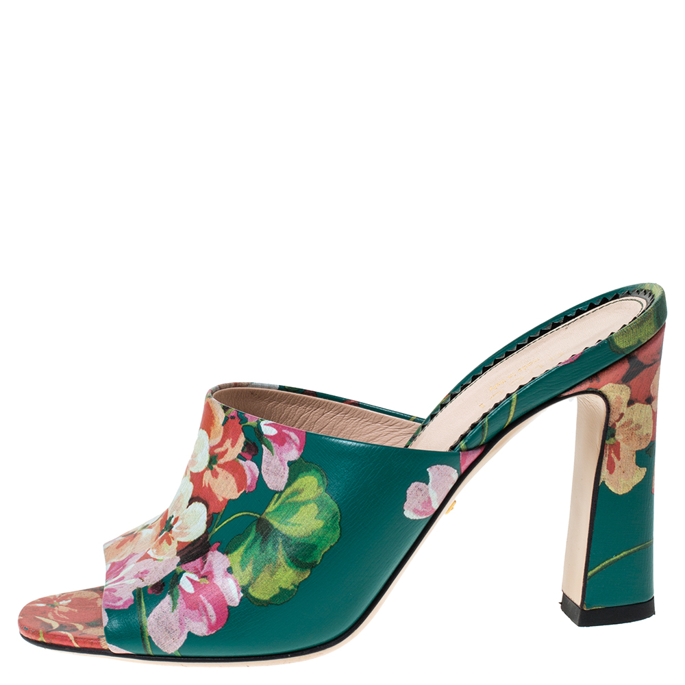 

Gucci Multicolor Bloom Print Leather Shanghai Open Mules Size, Green