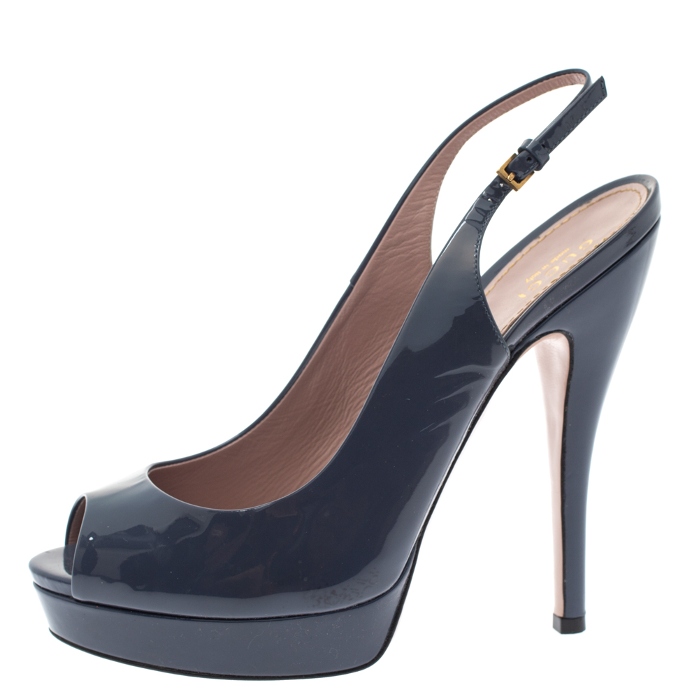 

Gucci Dark Grey Patent Leather Platform Peep Toe Slingback Sandals Size