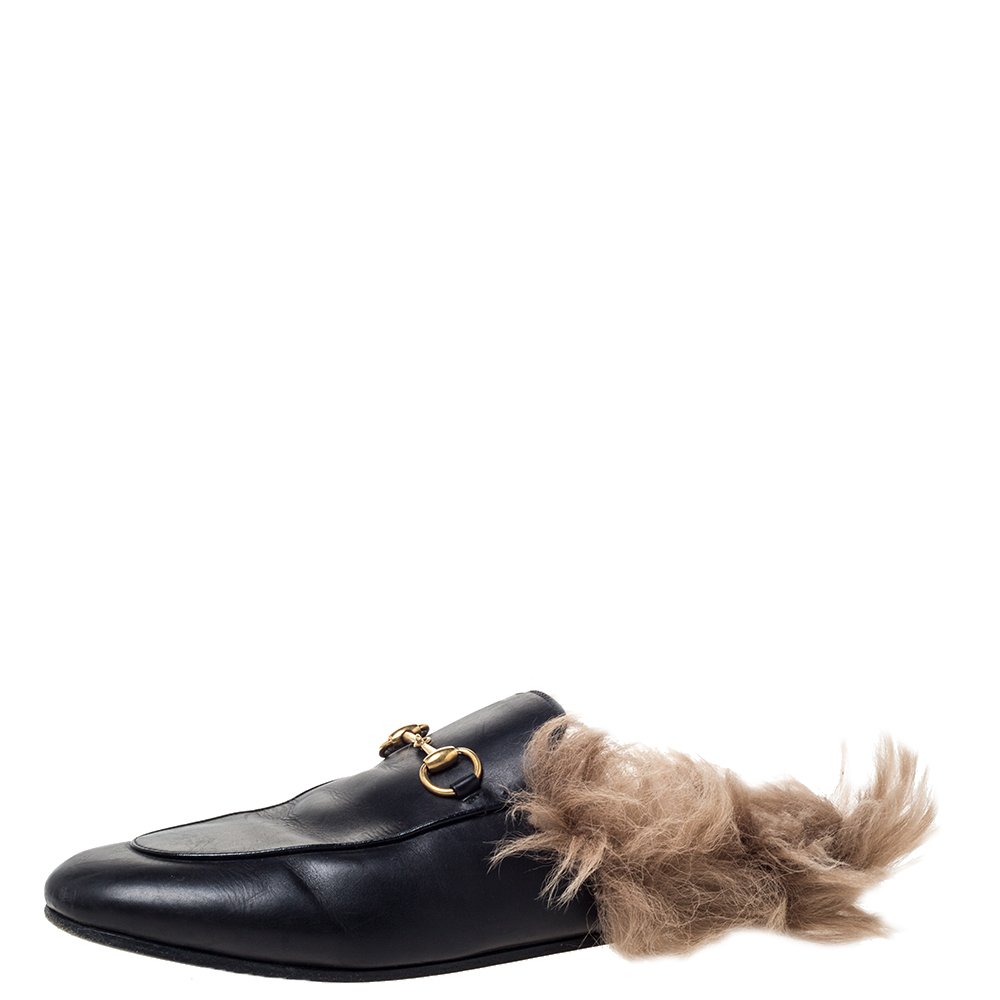 gucci black mules with fur