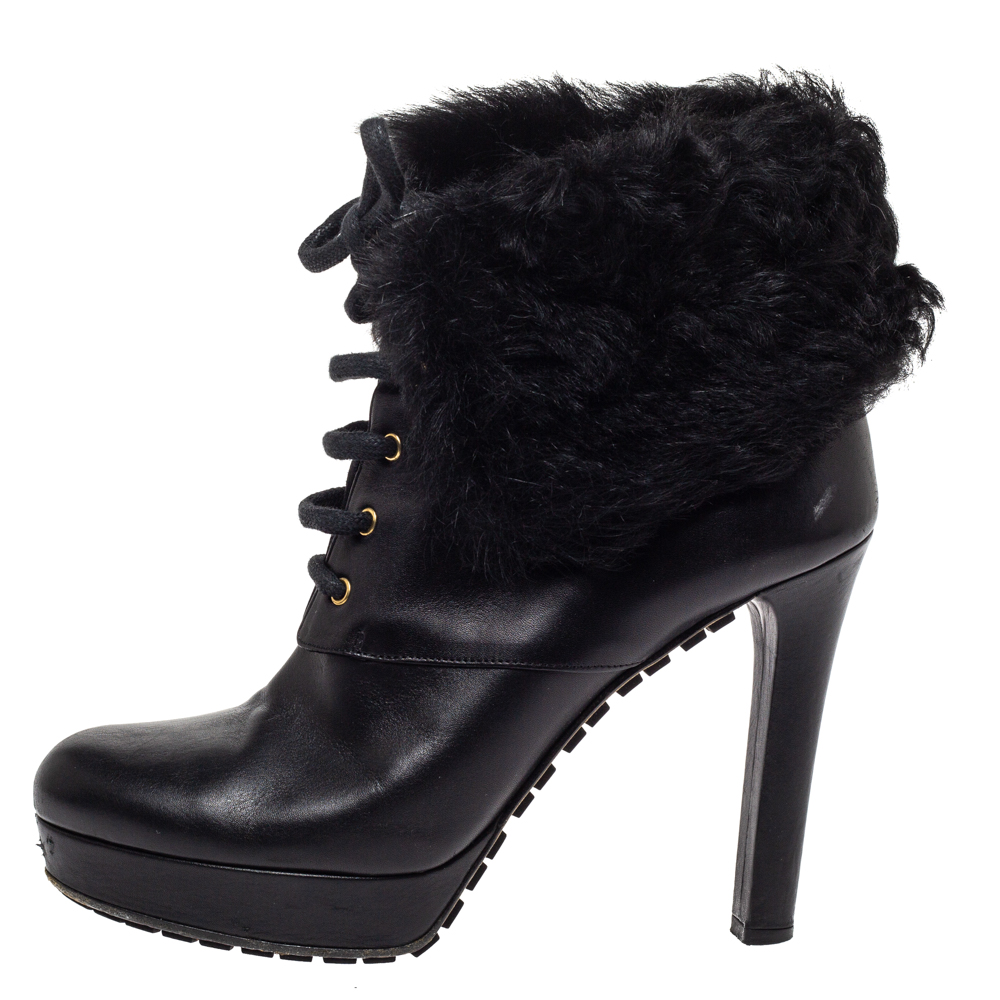 

Gucci Black Leather and Fur Trim Lace Up Platform Ankle Boots Size