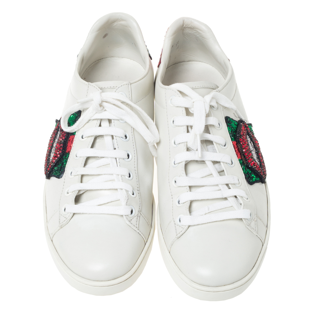 Gucci White Leather Sequins And Crystal Lips Ace Low Top Sneakers Size ...