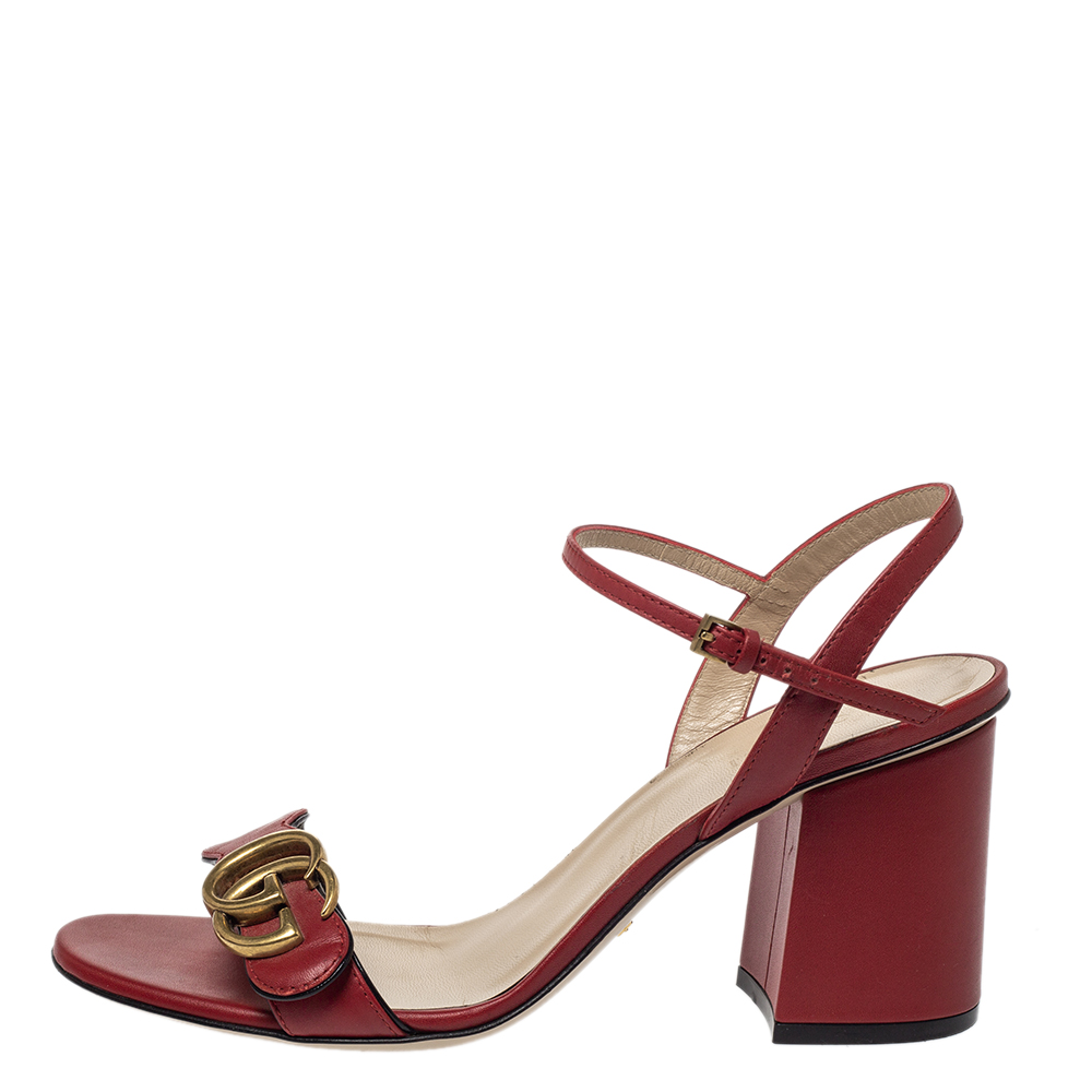

Gucci Red Leather Marmont Block Heel Ankle Strap Sandals Size