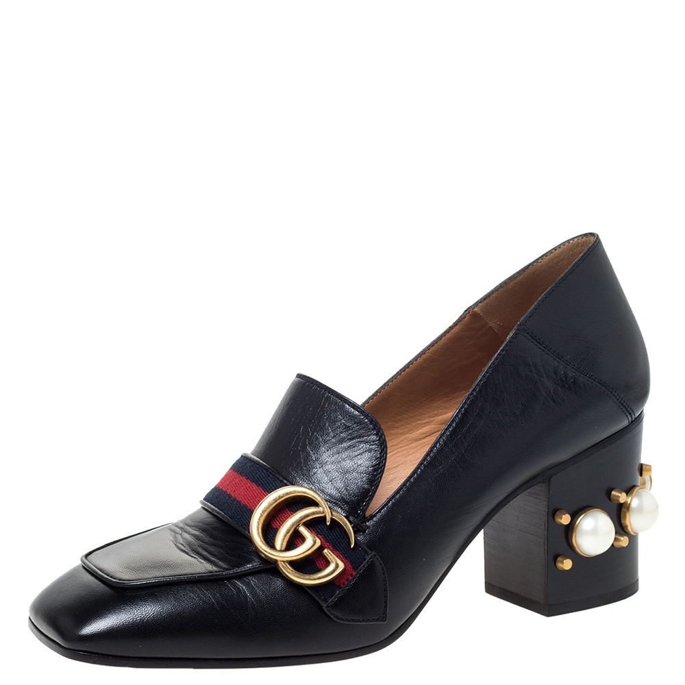 

Gucci Black Leather Crystal Embellished Web Marmont Peyton Pumps Size