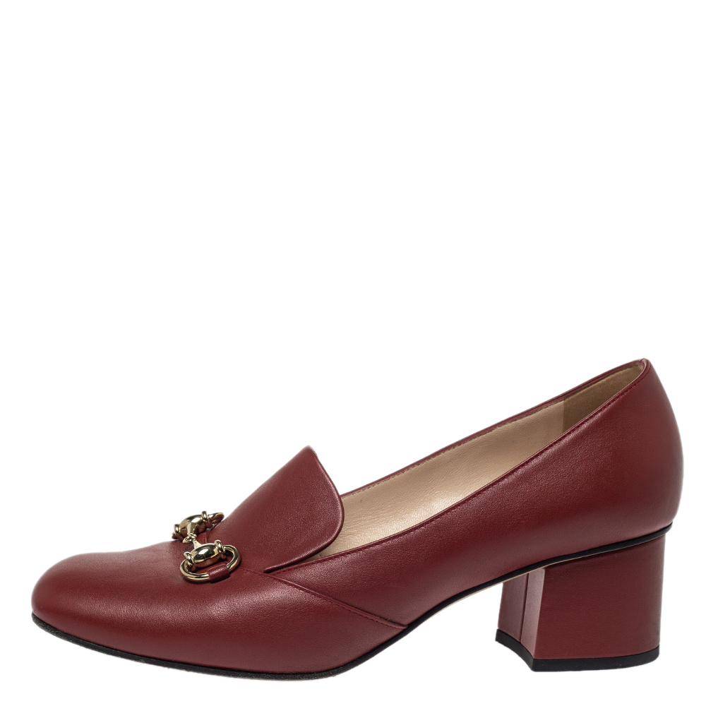 

Gucci Burgundy Leather Horsebit Block Heel Loafer Pumps Size