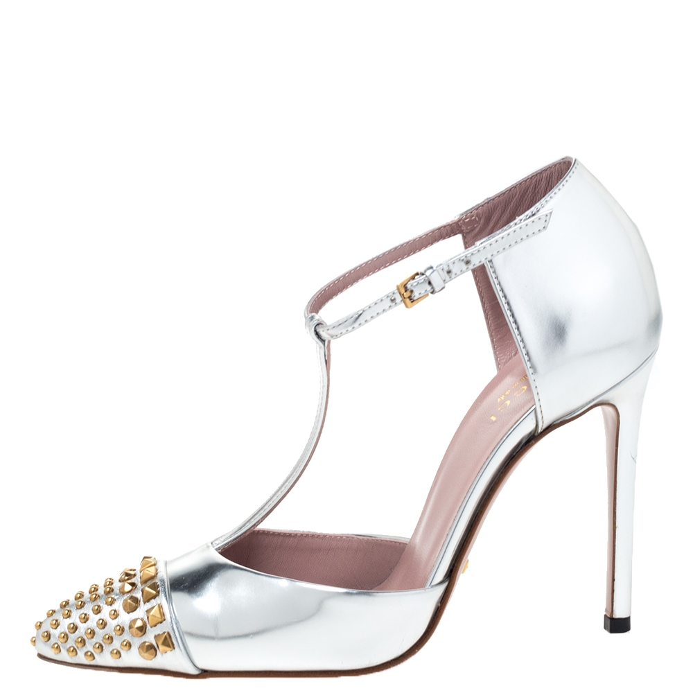 

Gucci Silver Leather Studded Coline T Strap Pumps Size