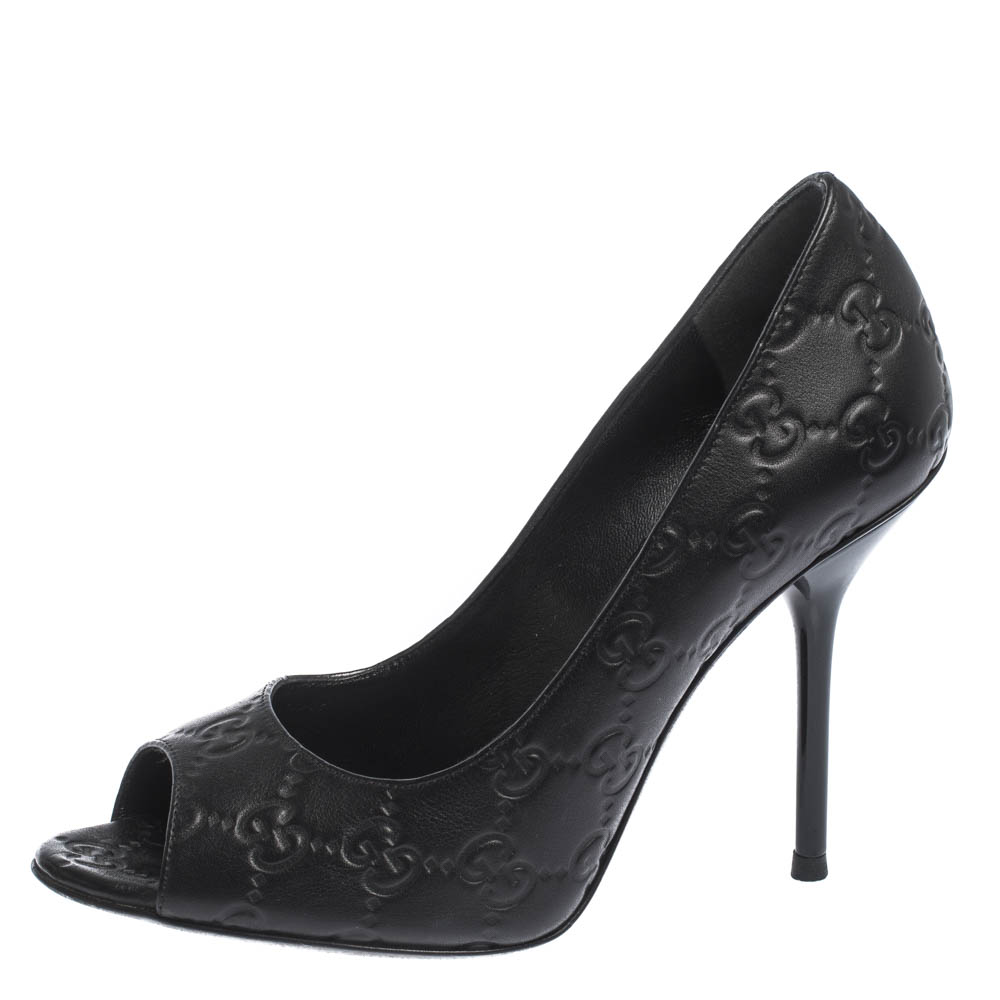 

Gucci Black Guccissima Leather Peep Toe Pumps Size