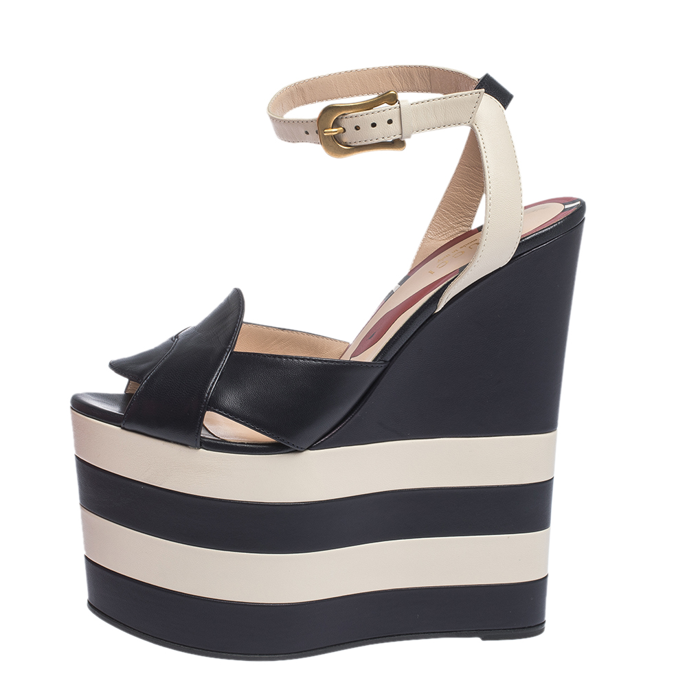 

Gucci Blue/White Leather Striped Sally Platform Wedge Sandals Size