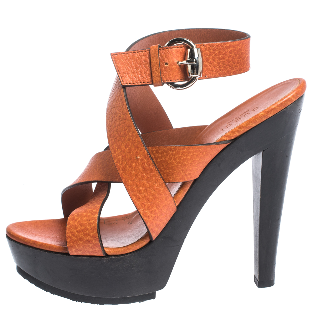

Gucci Orange Leather Cross Strap Platform Ankle Strap Sandals Size