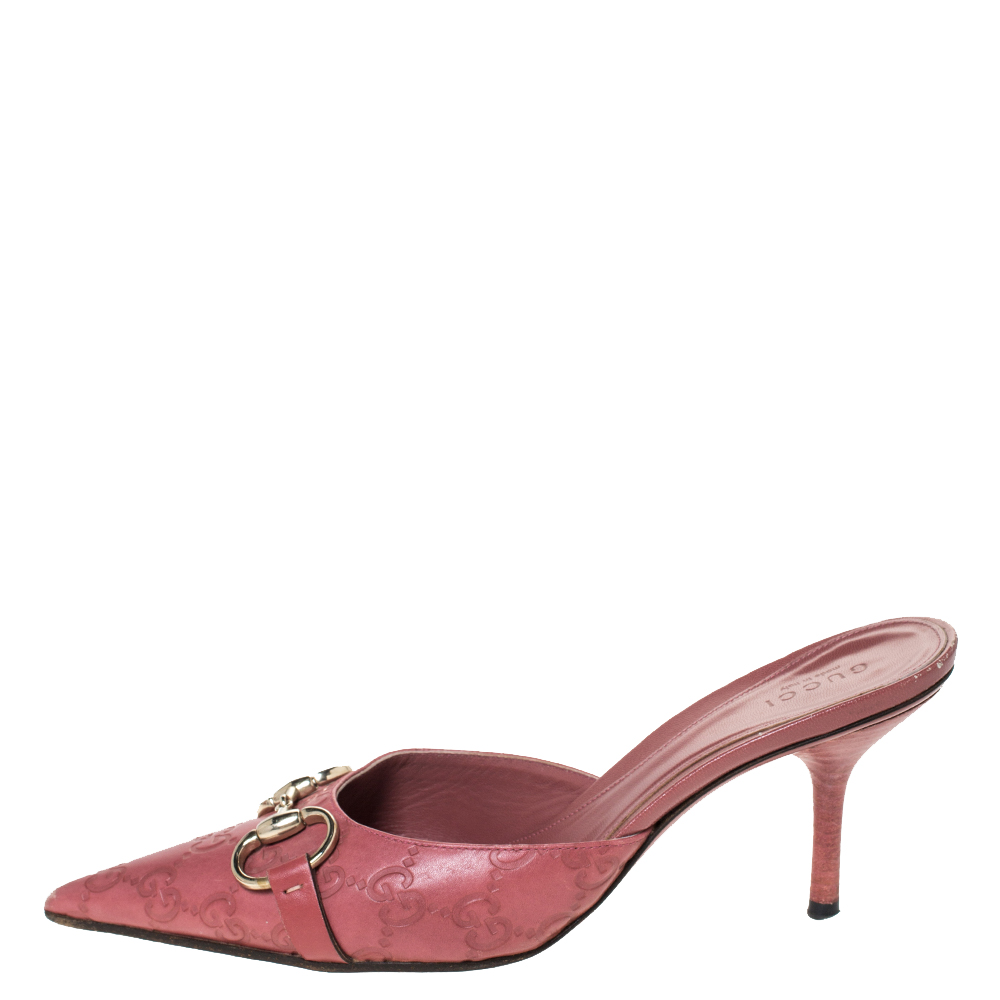 Gucci Pink Guccissima Leather Horsebit Pointed Toe Mule Sandals Size