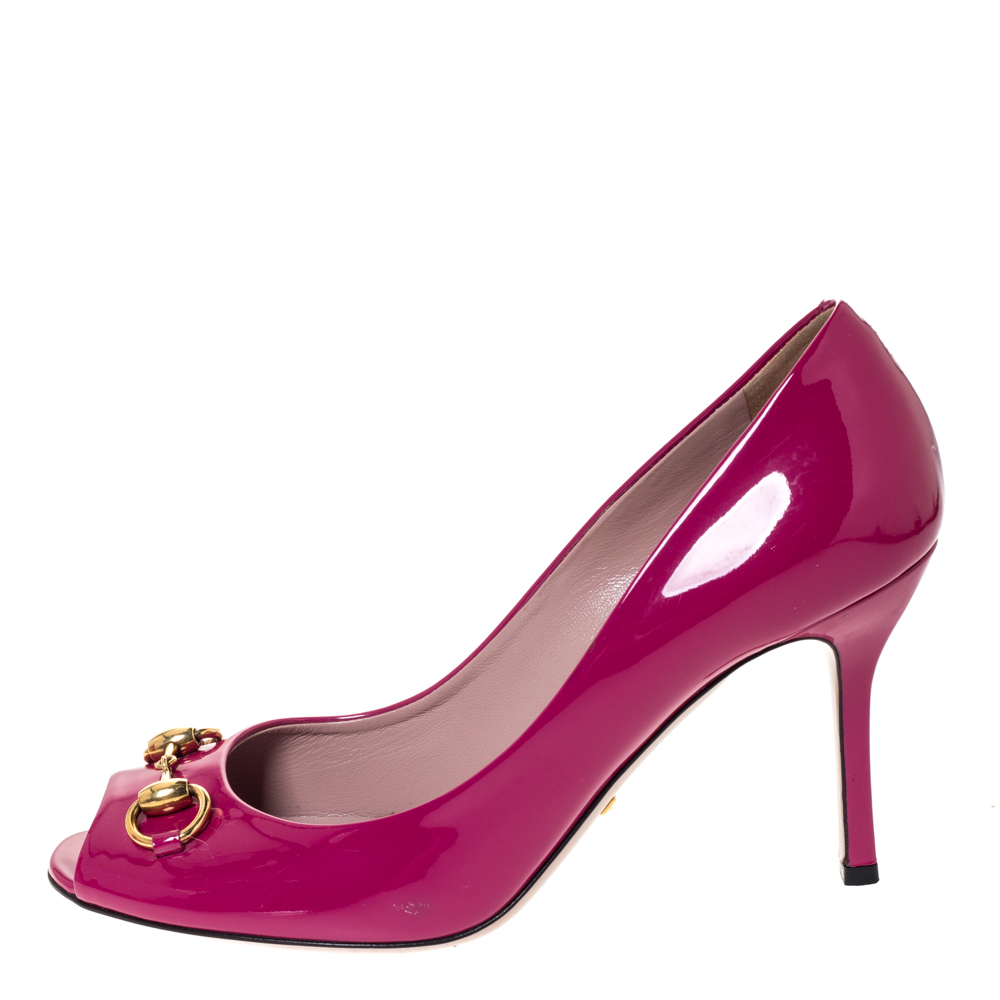 

Gucci Pink Patent Leather Horsebit Peep Toe Pumps Size