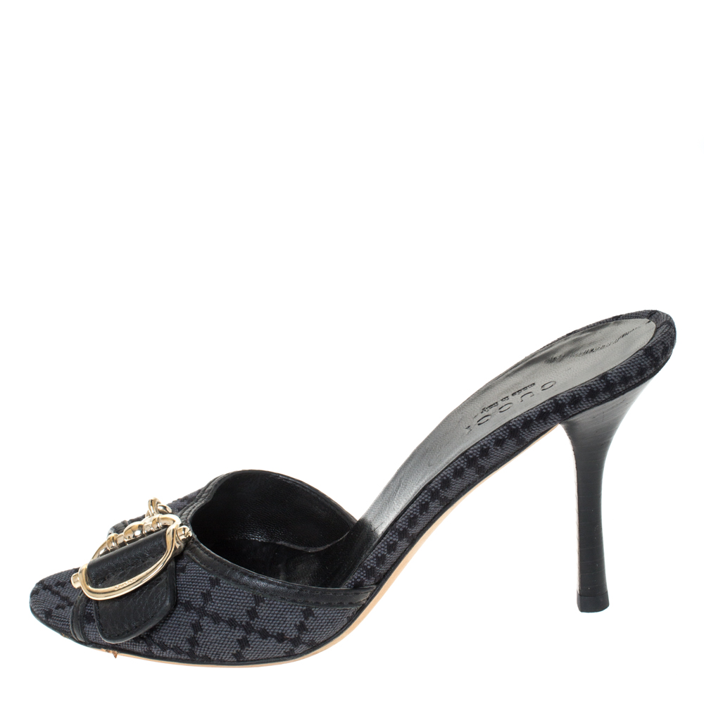 

Gucci Black Canvas Horsebit Open Toe Sandals Size