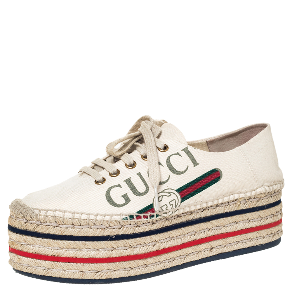 Gucci Cream Canvas Logo Platform Espadrilles Flats Size 37.5 