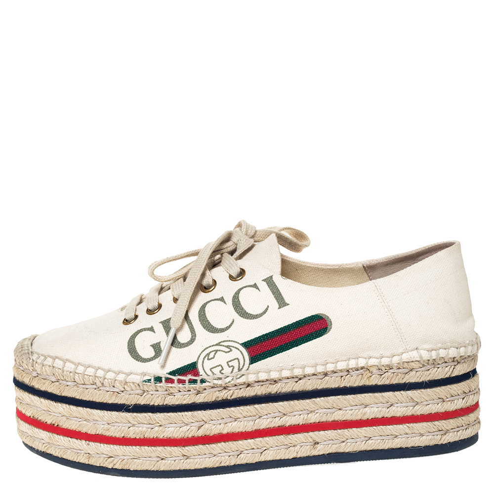 

Gucci Cream Canvas Logo Platform Espadrilles Flats Size