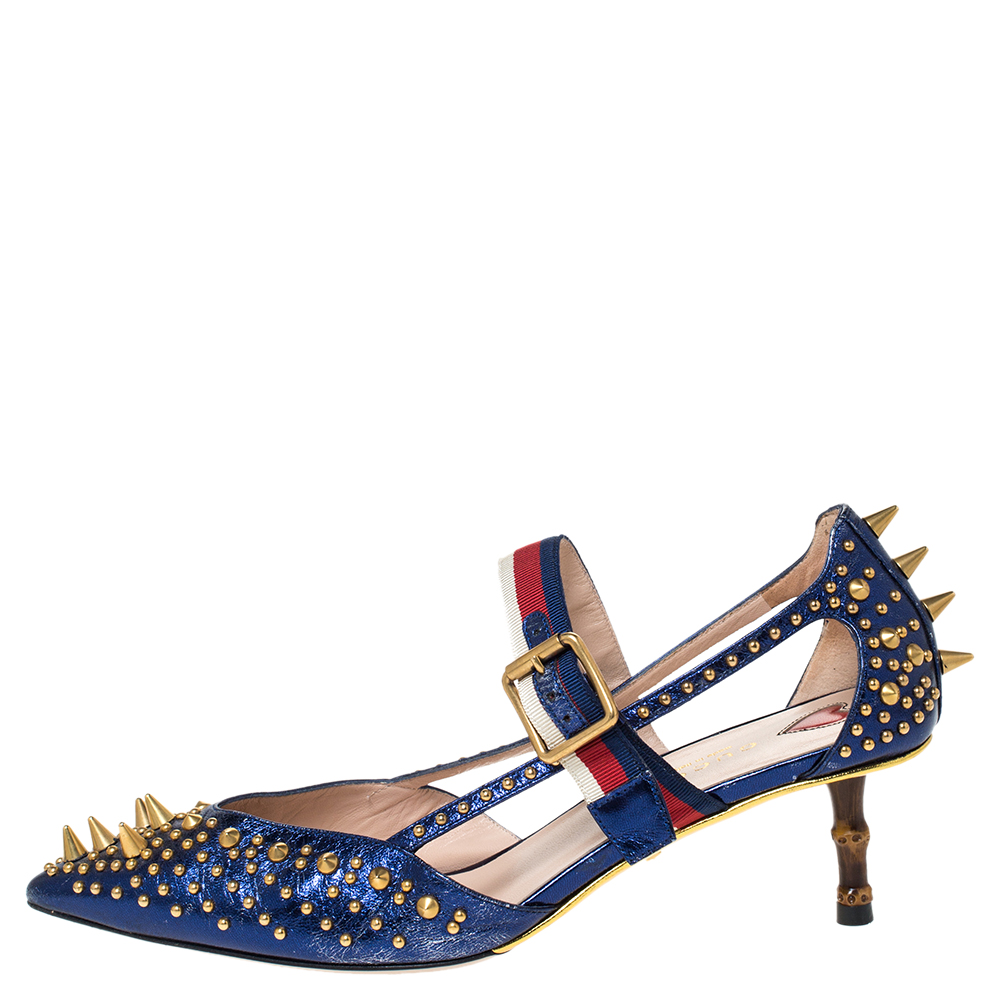 

Gucci Blue Leather Unia Studded Buckle Strap Pointed Toe Pumps