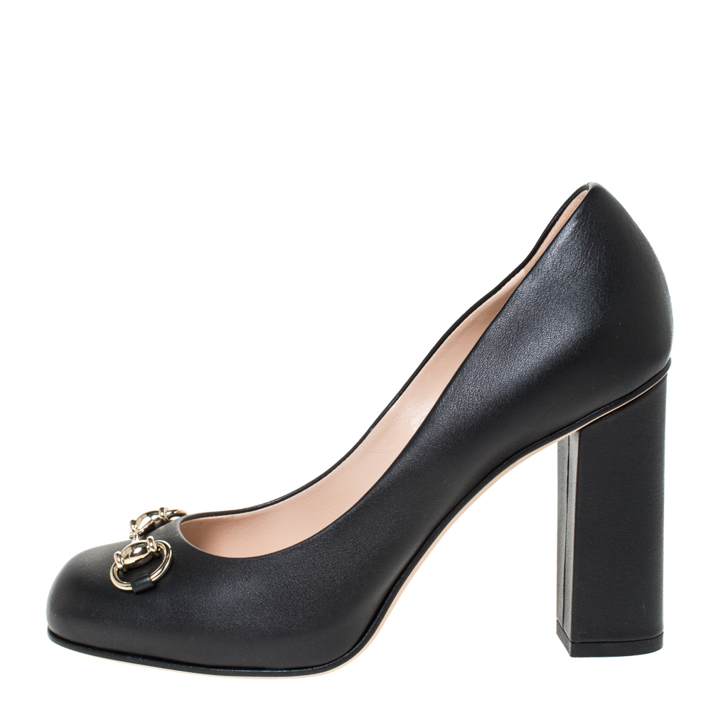 

Gucci Black Leather Horsebit Block Heel Pumps Size