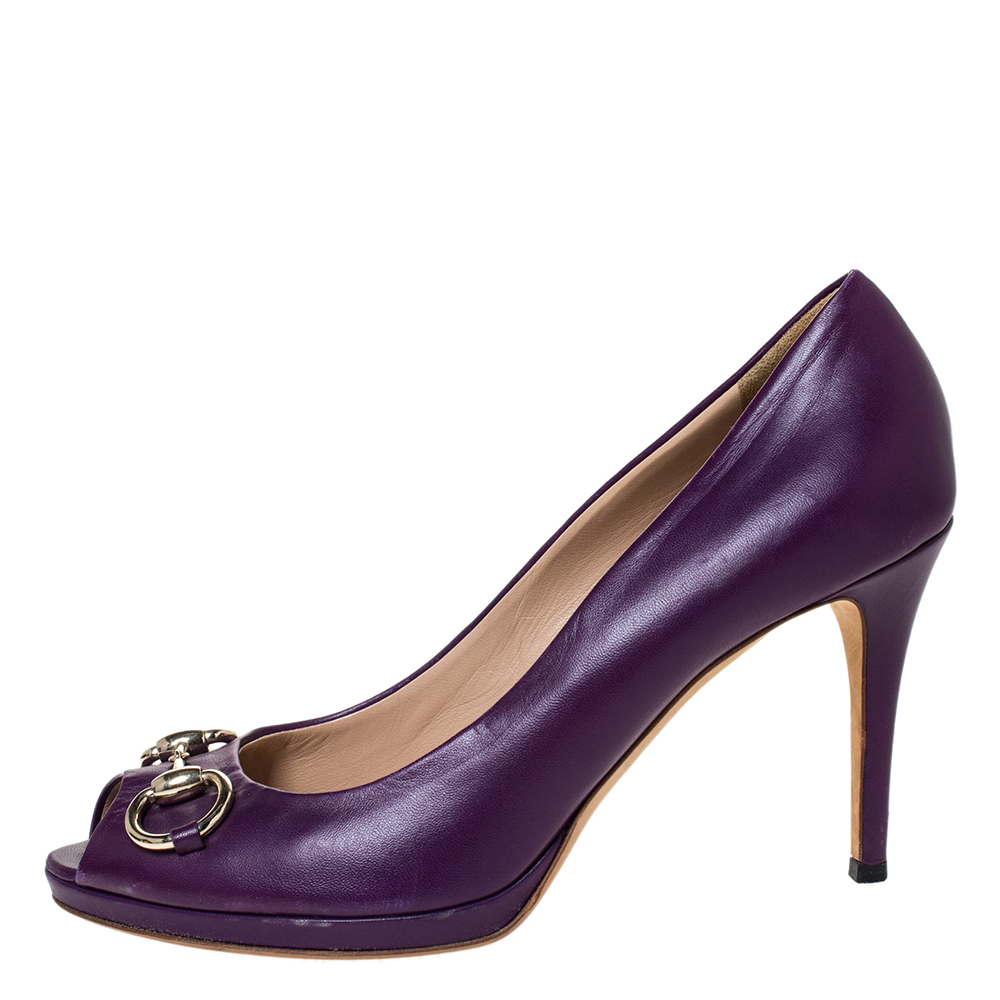 

Gucci Purple Leather Horsebit Peep Toe Pumps Size