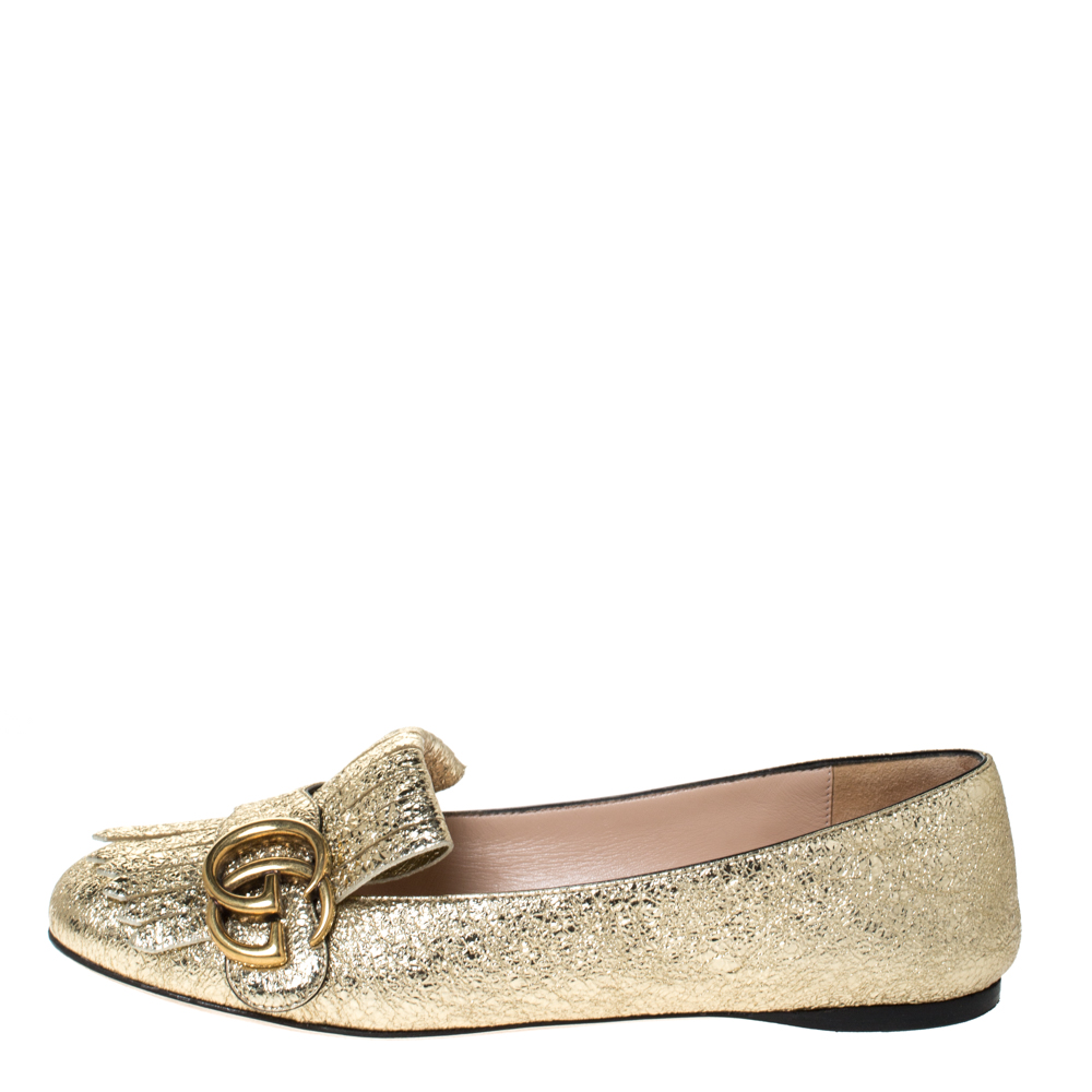 

Gucci Metallic Gold Foil Leather GG Marmont Fringe Detail Flats Size
