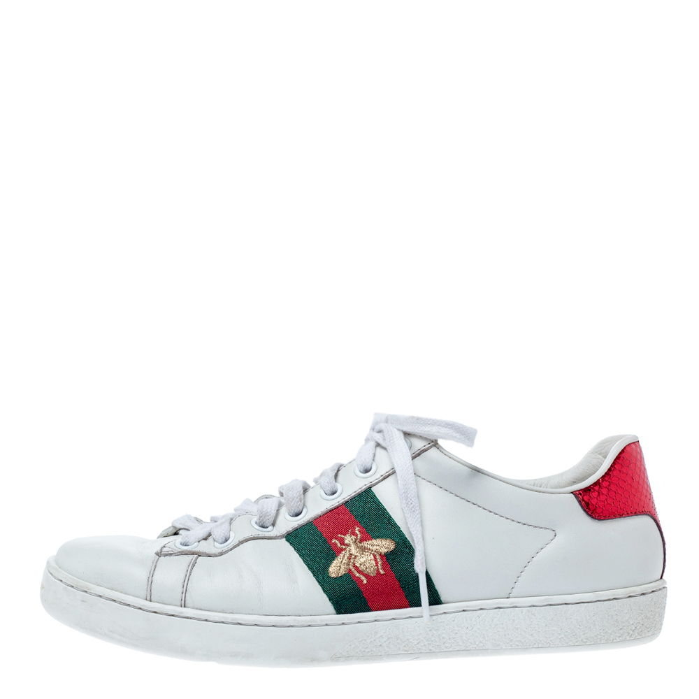 

Gucci White Leather Embroidered Bee Ace Low-Top Sneakers Size