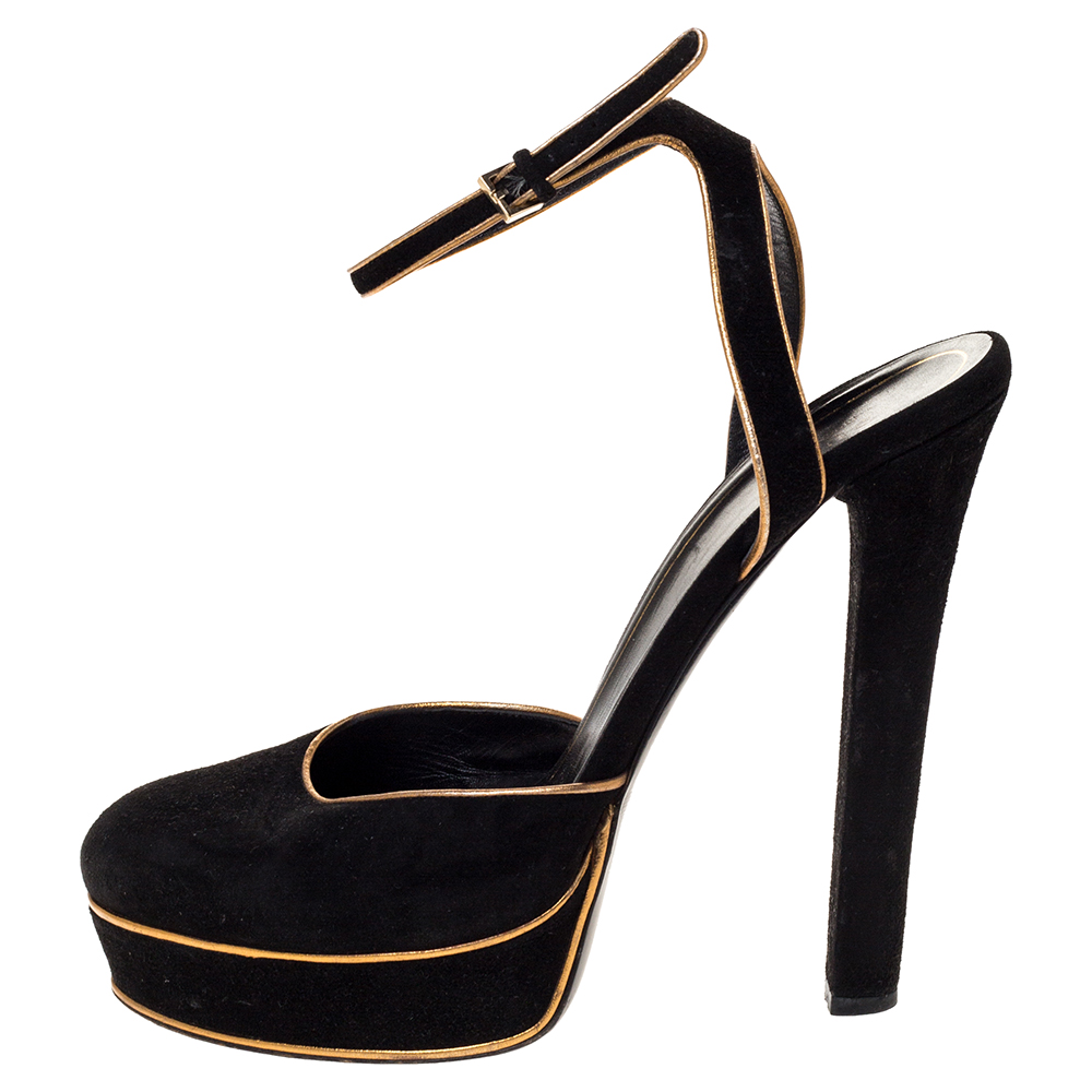 

Gucci Black Suede And Gold Leather Trim Huston Ankle Strap Platform Sandals Size