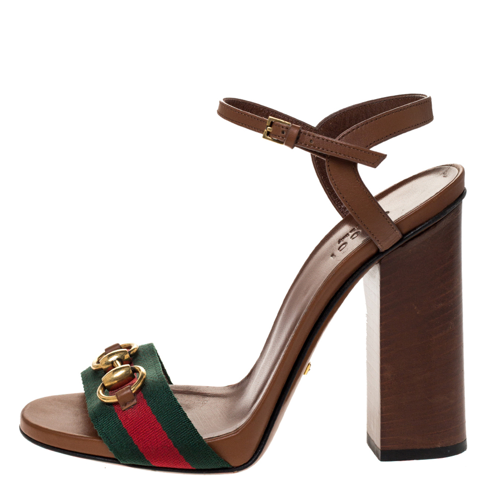 

Gucci Brown Leather Horsebit Web Stripe Detail Ankle Strap Sandals Size