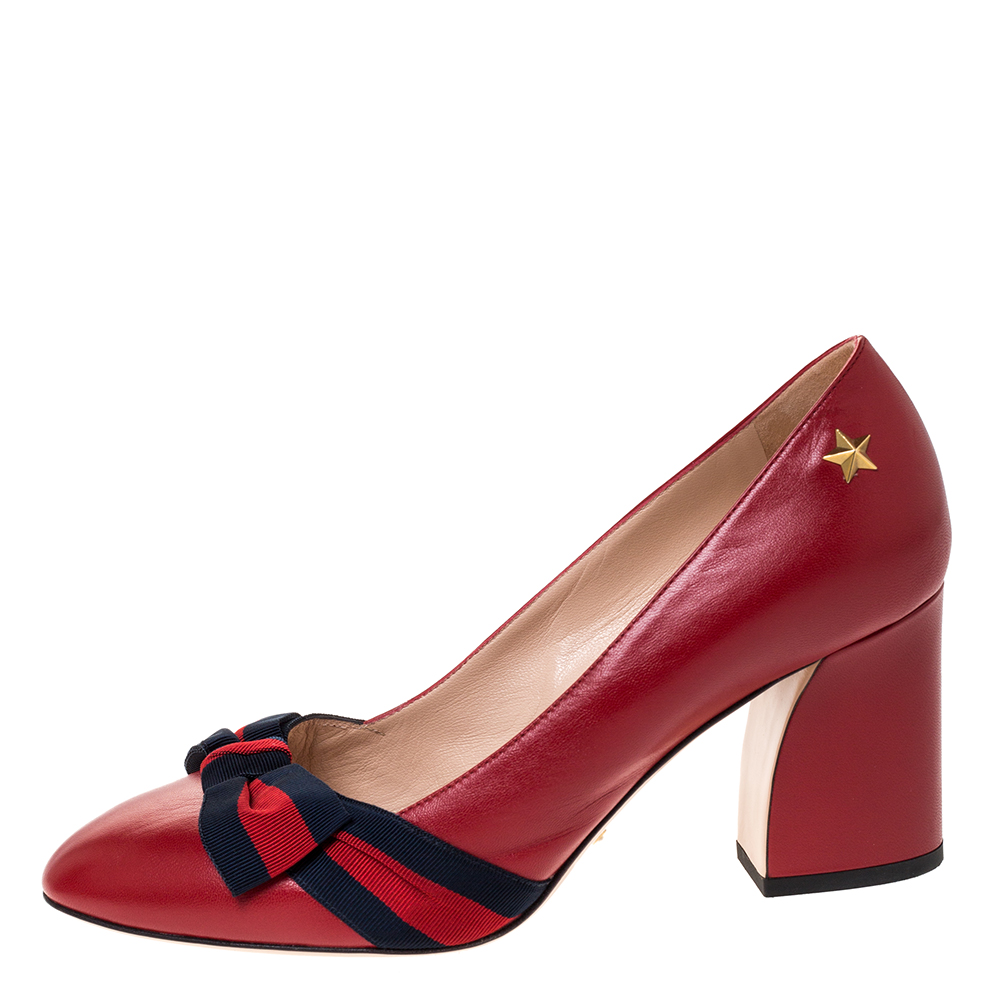

Gucci Red Leather Web Bow Block Heel Pumps Size