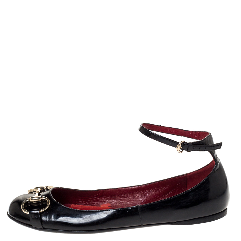 

Gucci Black Patent Leather Horsebit Ankle Strap Ballet Flats Size