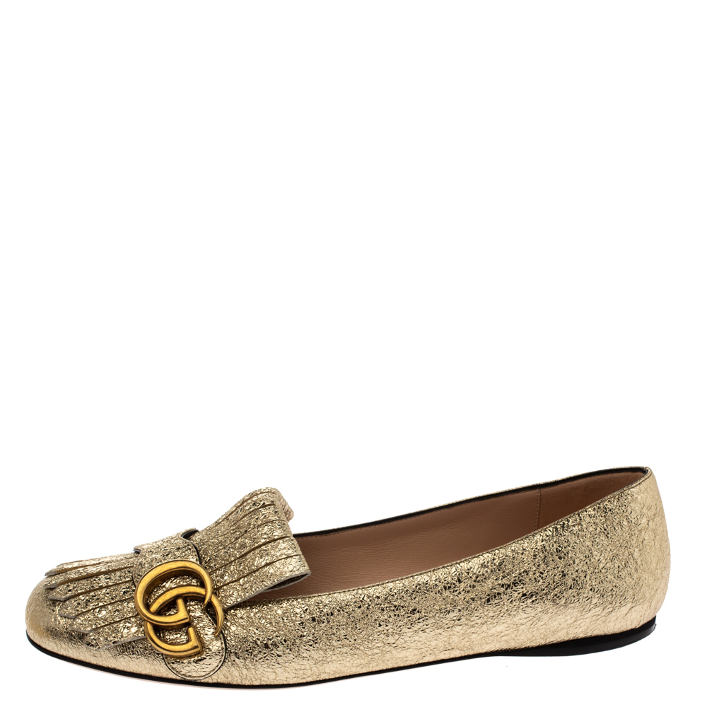 

Gucci Metallic Gold Foil Leather GG Marmont Fringe Detail Flats Size