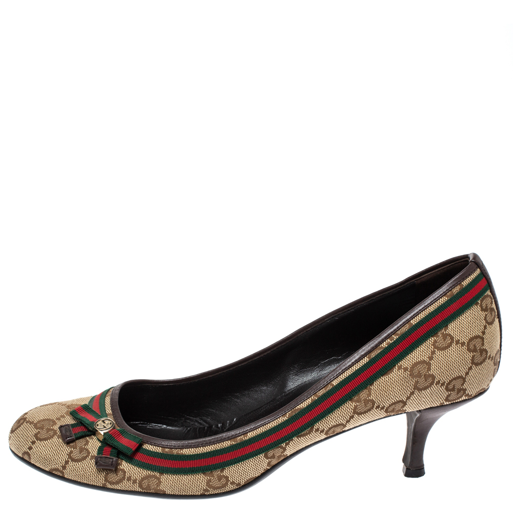 

Gucci Beige GG Canvas And Leather Trim Web Bow Pumps Size