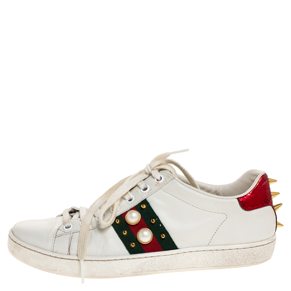 

Gucci White Leather Web Detail New Ace Faux Pearl Embellished Low Top Sneakers Size