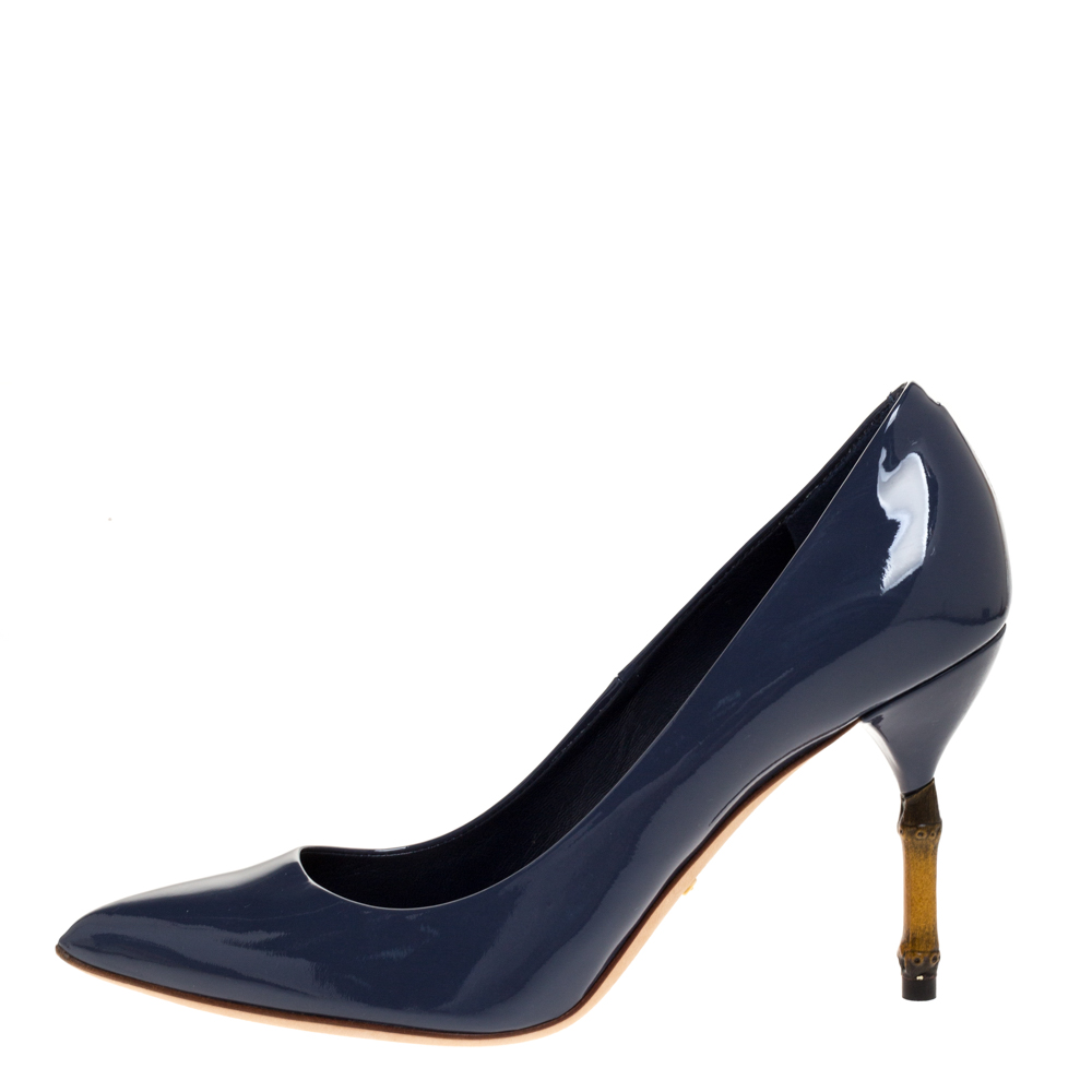 

Gucci Blue Patent Leather Kristen Bamboo Heel Pointed Toe Pumps Size