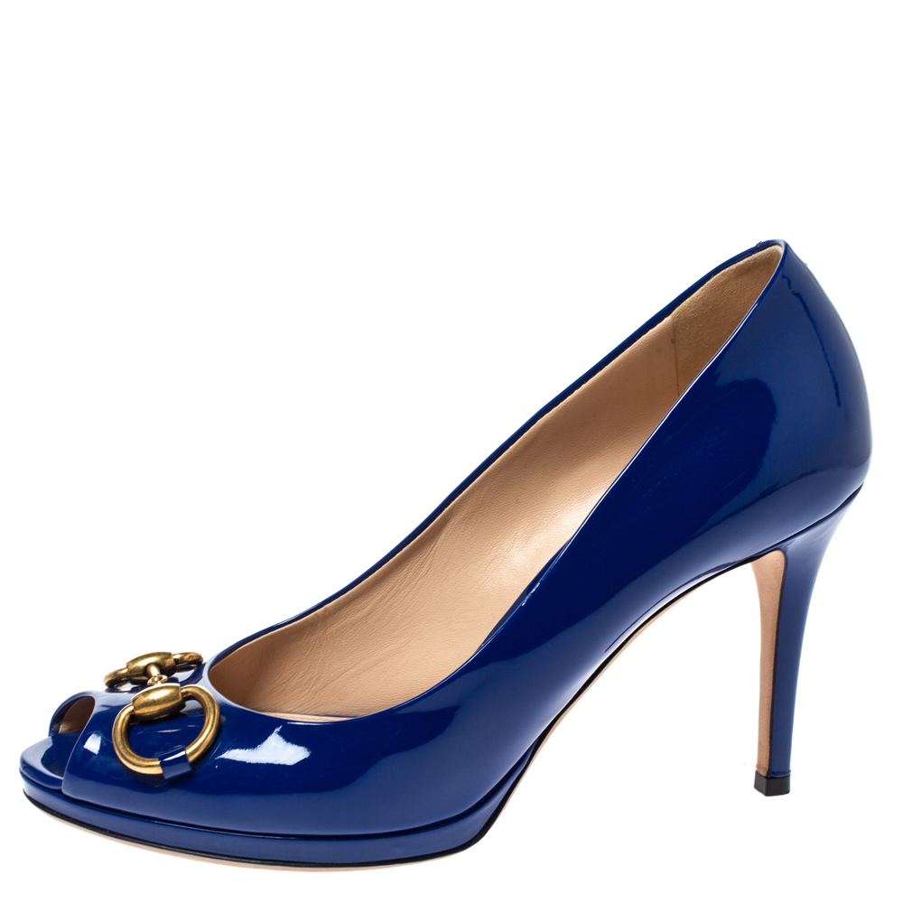 

Gucci Blue Patent Leather Horsebit Peep Toe Pumps Size