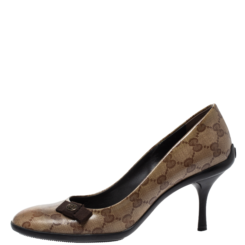 

Gucci Beige/Brown GG Coated Canvas Bow Pumps Size