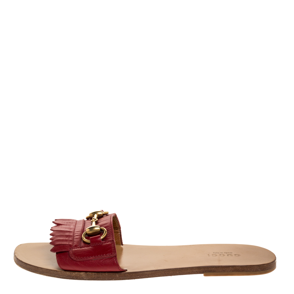 

Gucci Red Fringe Leather Horsebit Slide Sandals Size