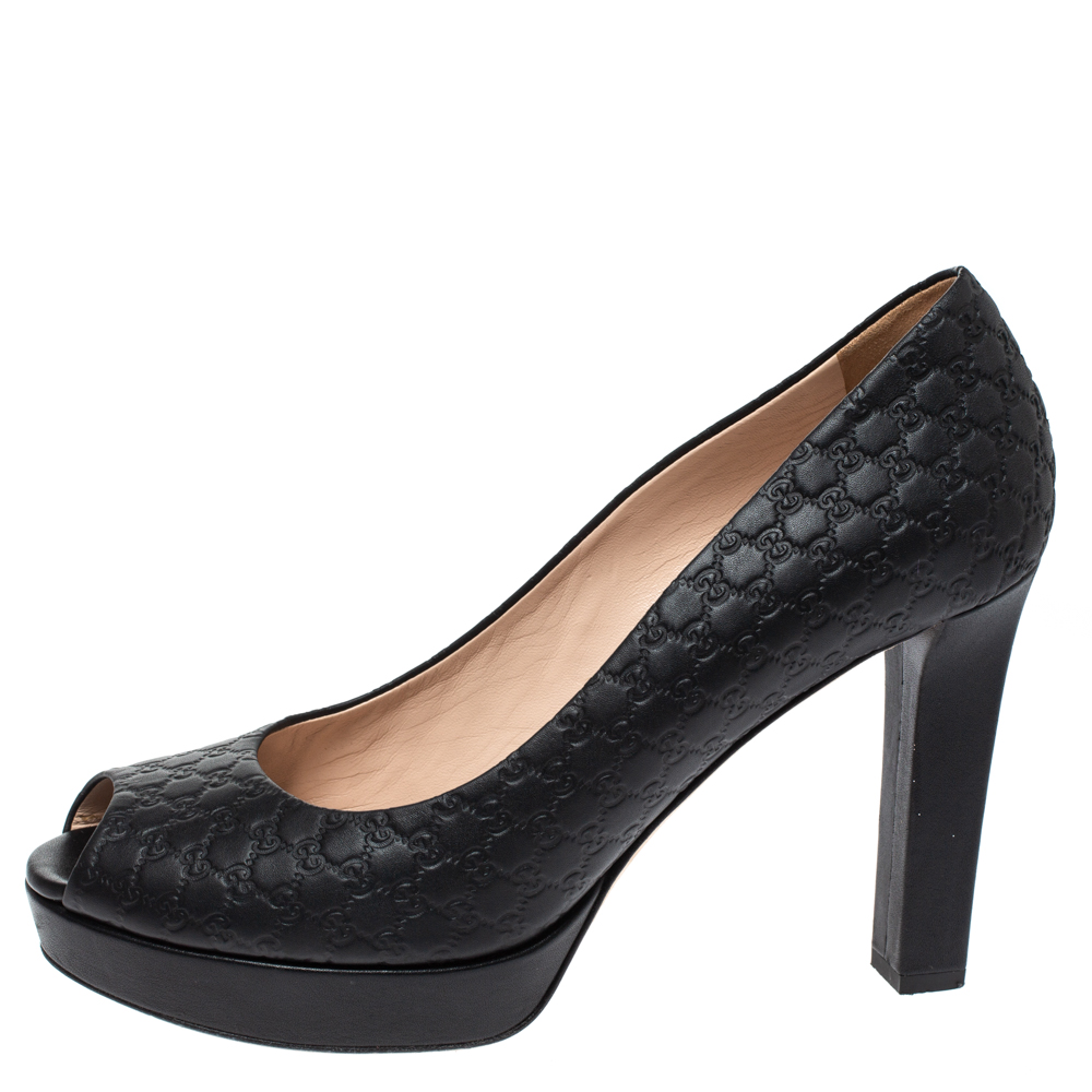 

Gucci Black Microguccissima Leather Peep Toe Platform Pumps Size
