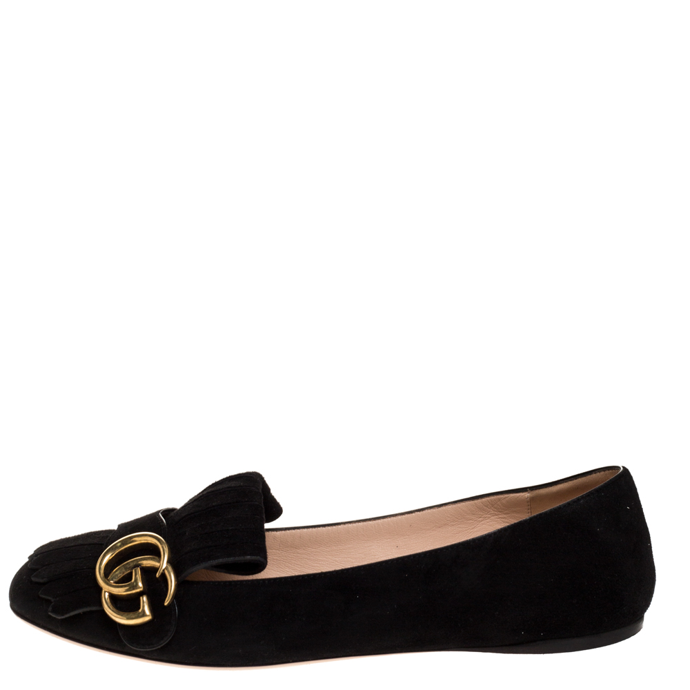 

Gucci Black Suede GG Marmont Fringe Detail Ballet Flats Size