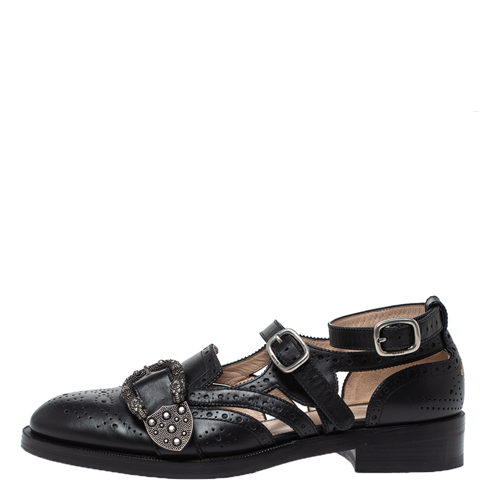 

Gucci Black Brogue Leather Queercore Ankle Strap Flats Size