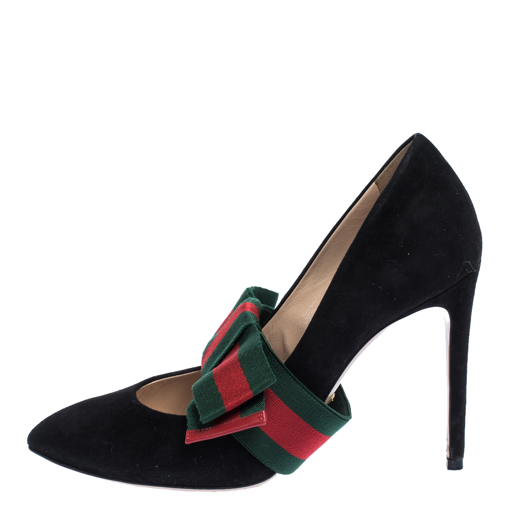 

Gucci Black Suede Sylvie Removable Web Bow Pumps Size