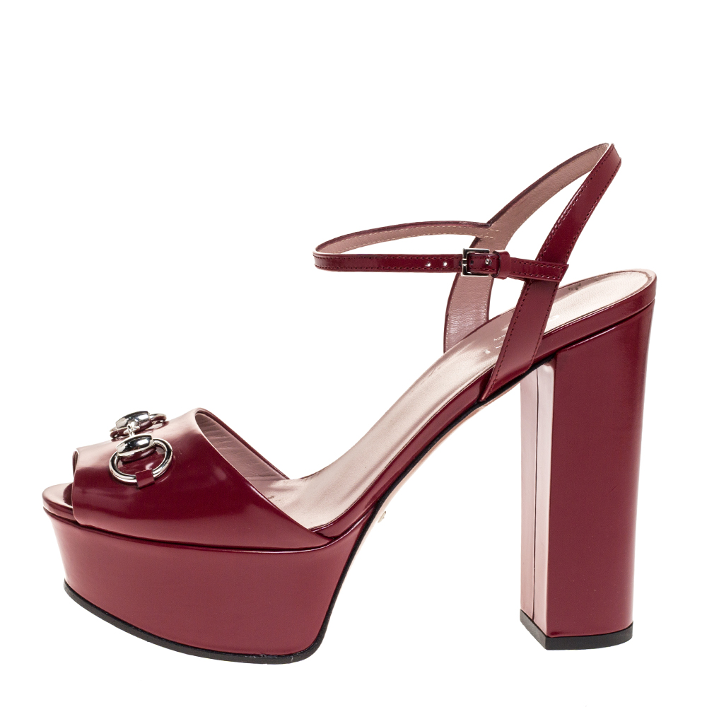 

Gucci Burgundy Leather Claudie Horsebit Platform Ankle Strap Sandals Size