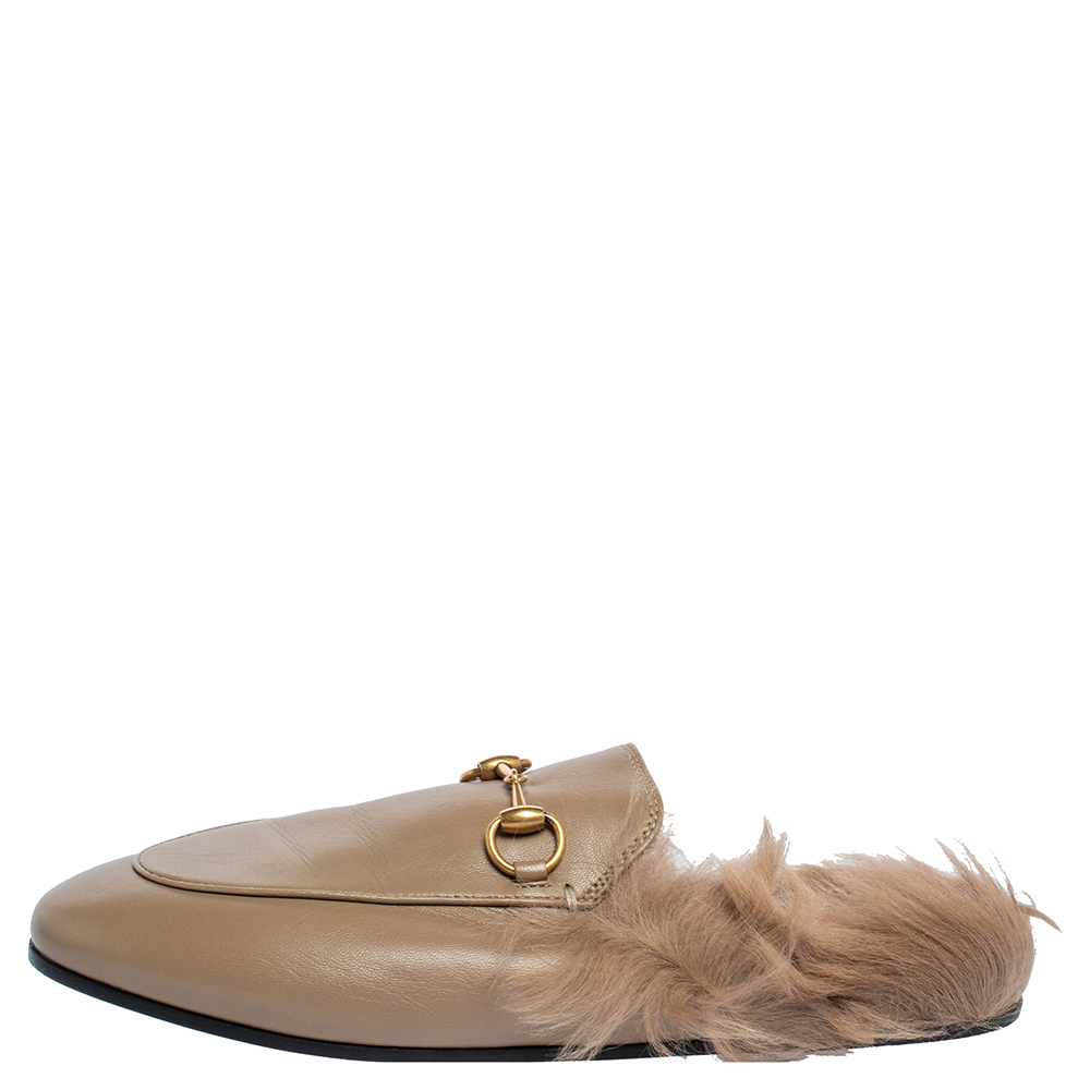 

Gucci Grey Leather And Fur Princetown Flat Mules Size