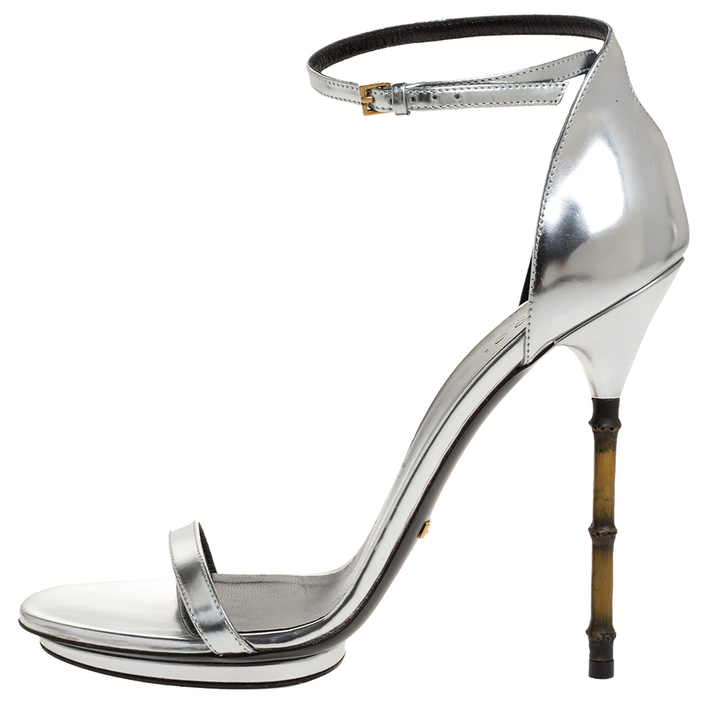 

Gucci Silver Leather Bamboo Heel Ankle Strap Sandals Size