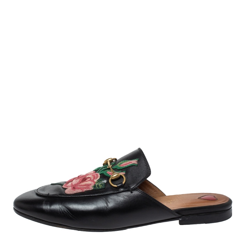 

Gucci Black Leather Princetown Flower Embroidered Flat Mules Size